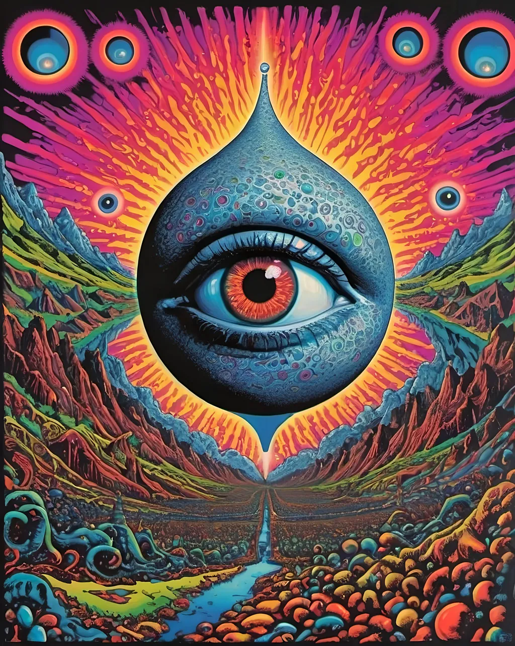 Prompt: psychedelic print, thruple, concert poster, magic eye painting