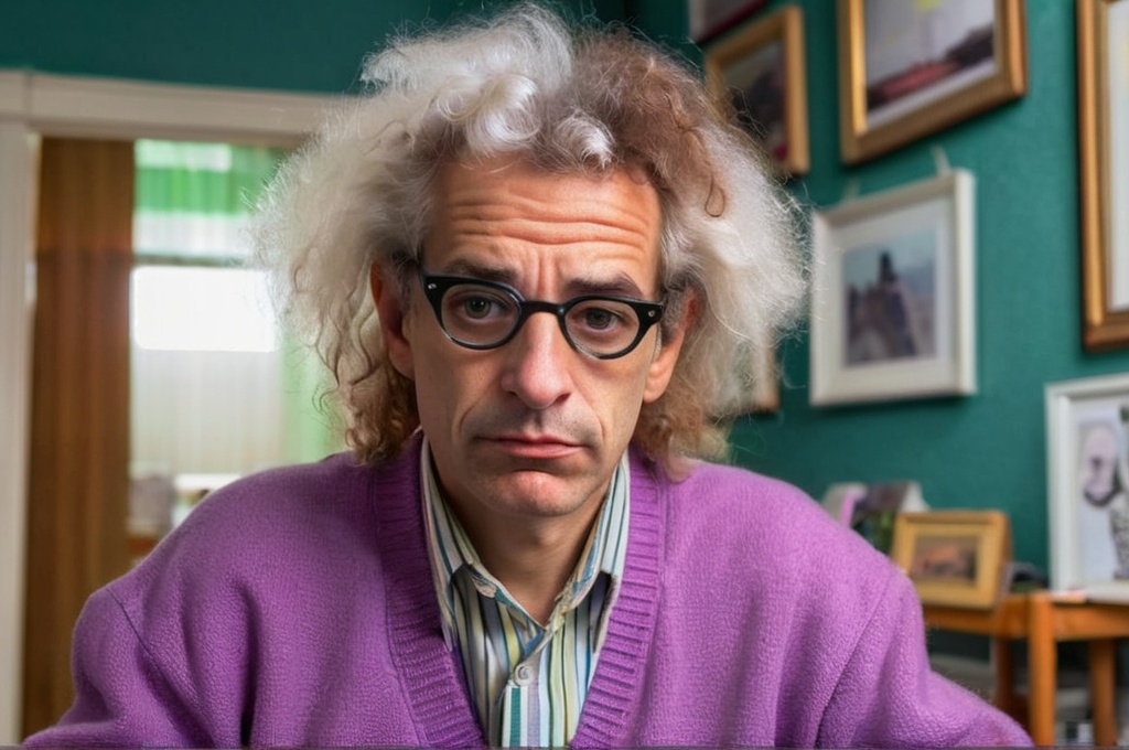 Prompt: An elderly Yahoo Serious wonders what went wrong 