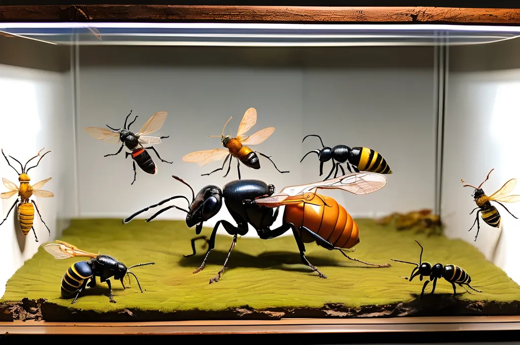 Prompt: American Museum of Natural History Hall of Insects diorama with an Anglican gigolo ant, pelvis wasps, and an Oklahoma spotted corn bee