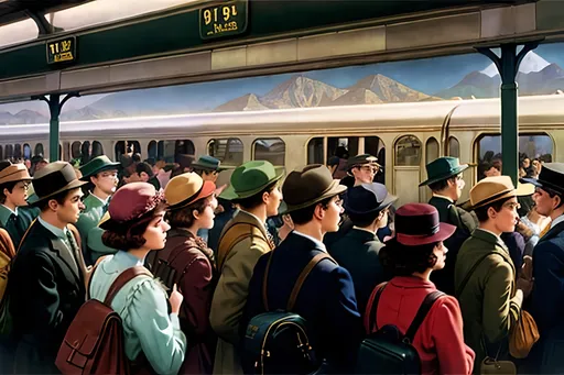 Prompt: Lydia Nilson lost at the crowded train station, Maxfield Parrish, 1934