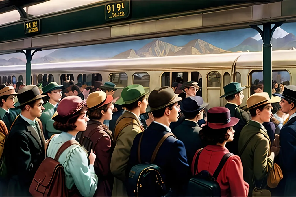 Prompt: Lydia Nilson lost at the crowded train station, Maxfield Parrish, 1934