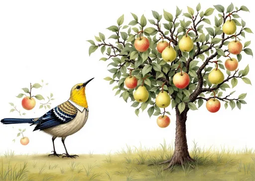 Prompt: Mind the shirty bird up the apples and pears