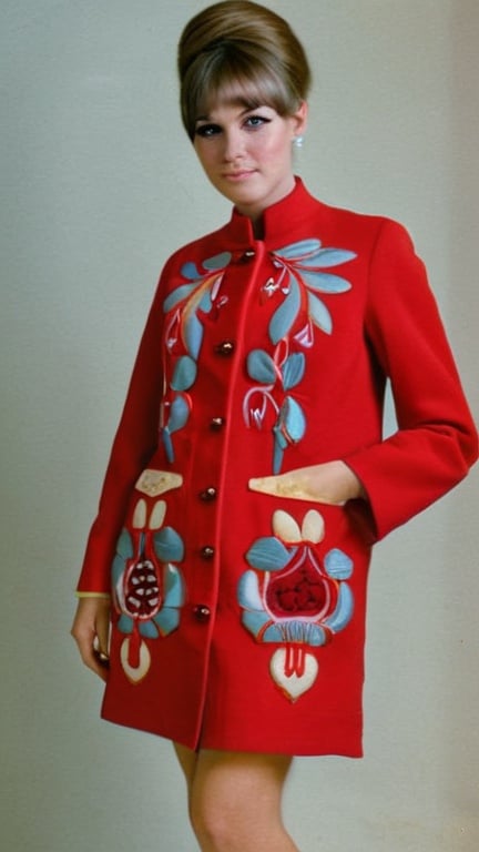 Prompt: Fancy fashionable 1968 mod jacket decorated with embroidered pomegranates