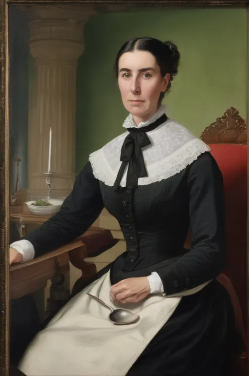 Prompt: Heroic portrait of the inventor of the teaspoon, Lady Lauren Luftbridge, oil on canvas, 1860