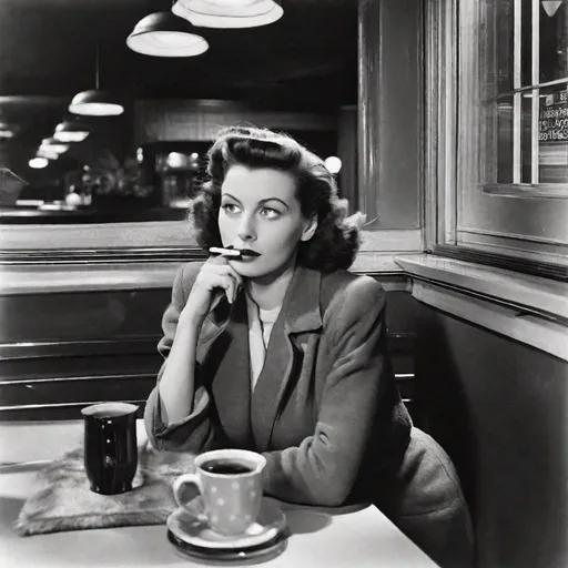 Prompt: At the diner counter at midnight, December 1942, a forlorn woman smokes a cigarette, and drinks a mug of black coffee, thinking of her cat, Paul, who’s home alone