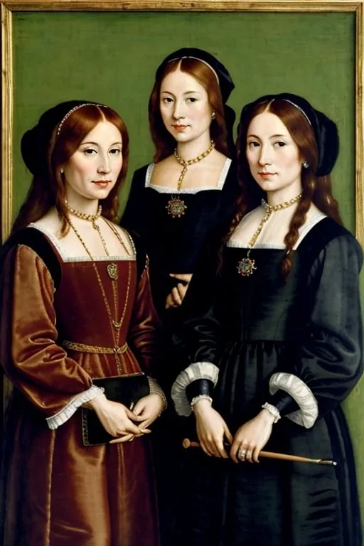 Prompt: “The Housewives of Hampton Court” painting by Hans Holbein, oil and tempura on wood panel, 1646
