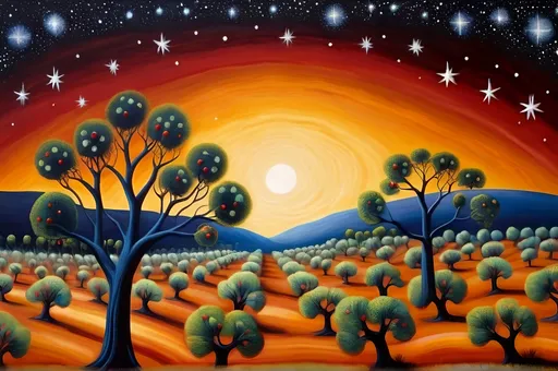 Prompt: Australian Dreamtime painting of an apple orchard and stars