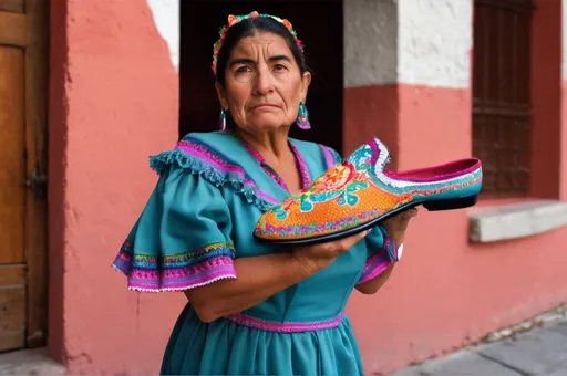 Prompt: Mexican woman holding a zapato in Santa Marcia de los testiculos finas 