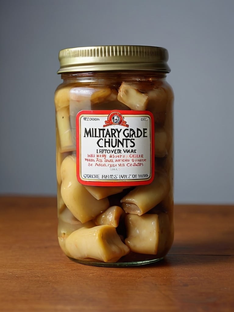 Prompt: An 8 oz. jar of military grade chunts leftover from World War One 