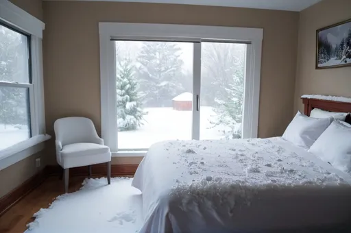 Prompt: Snow in the bedroom 