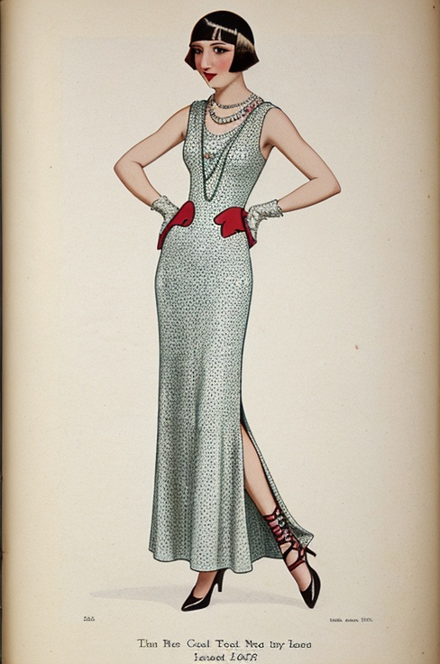 Prompt: Collier’s magazine illustration of the trendiest dress in 1928