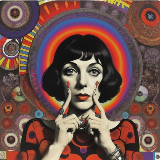 Prompt: 1968 classic psychedelic album cover of mod Myrna Ross by Martin Sharp, collage, Disraeli Gears