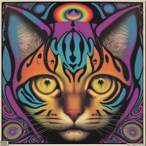 Prompt: 1968 classic psychedelic album cover “Feline Expectations” 