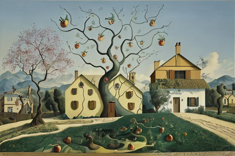 Prompt: One Story House with Apple Trees, 1945, painted by Salvador Dali