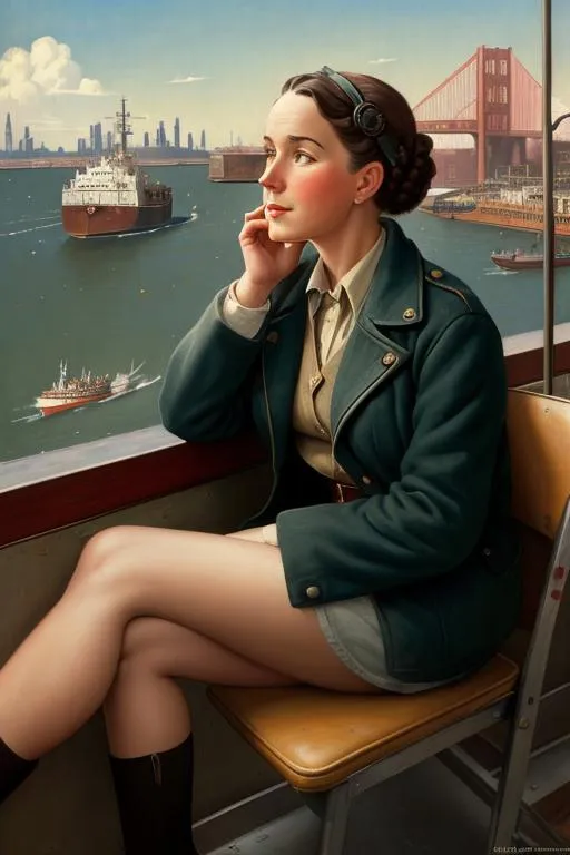 Prompt: American Depression-era WPA poster of Eris O’Day watching taxis and tugboats, serious, important, dire, embarrassing, inspirational, informal, painted by Norman Rockwell