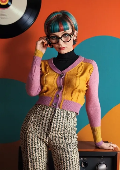 Prompt: Mod cardigan, 1968, bright patterns, midcentury, fashionable for old-school lesbians 