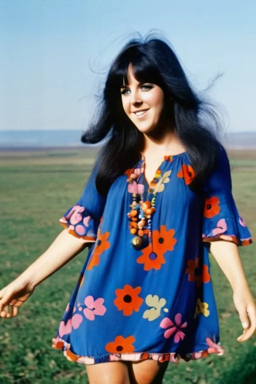 Prompt: Jefferson Airplane singer Grace Slick in a psychedelic flower print peasant dress. Straight black hair. Blue eyes. Jumping. Laughing. Young. 1968