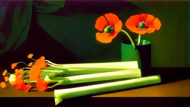 Prompt: Still life of electric celery, orange poppies, and human toes in the style of N.C. Wyeth, 1942