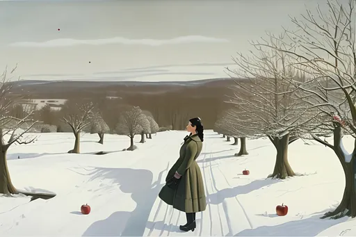 Prompt: 1940s Holiday Card, apple orchard, winter, bare, cold, struggling, long black hair, boots, women, detailed, lesbians in love, HAPPY HOLIDAYS, apple trees, in the style of Grant Wood 