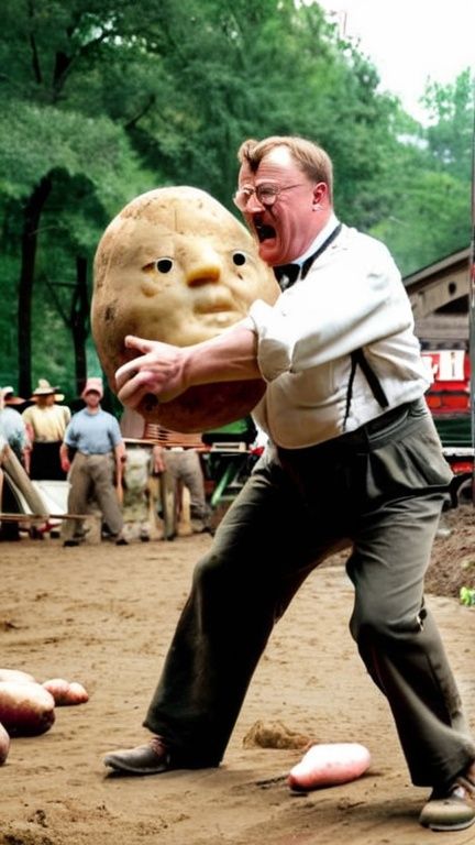 Prompt: Theodore Roosevelt fistfight with a man-sized potato 