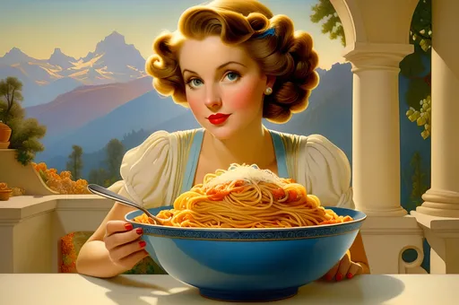 Prompt: Helen Gint enjoying a bowl of spaghetti, in the style of Maxfield Parrish, 1934