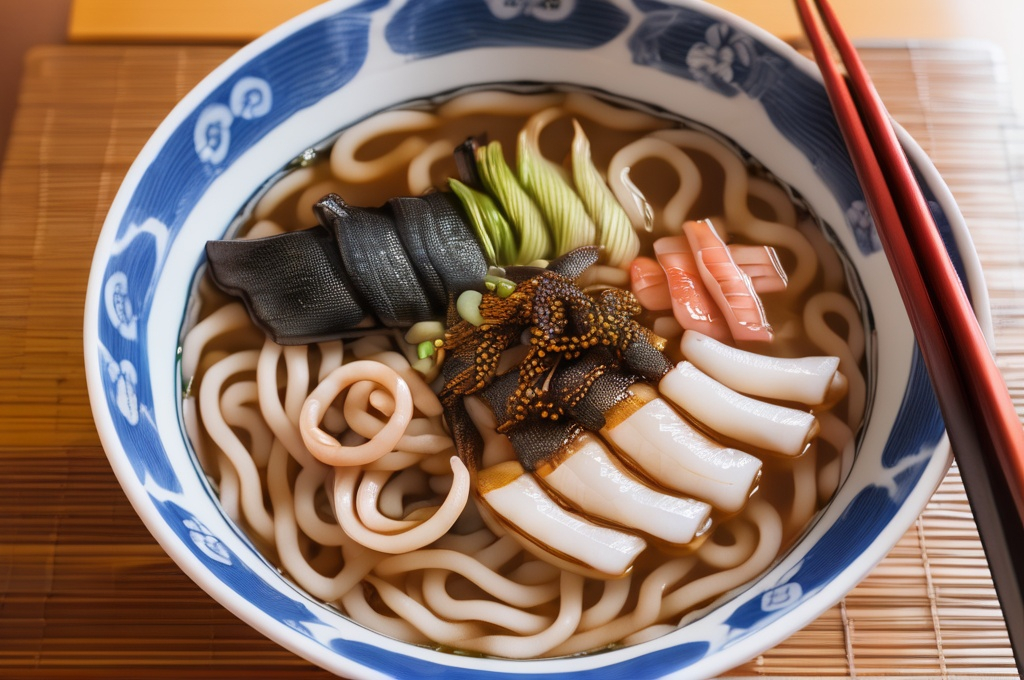 Prompt: Udon with naga, shinishito, and oa