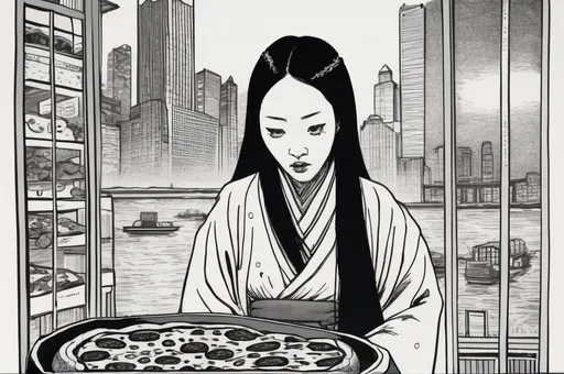 Prompt: Illustration entitled Yuki-onna goes to Chicago for pizza, ink on paper, 1636