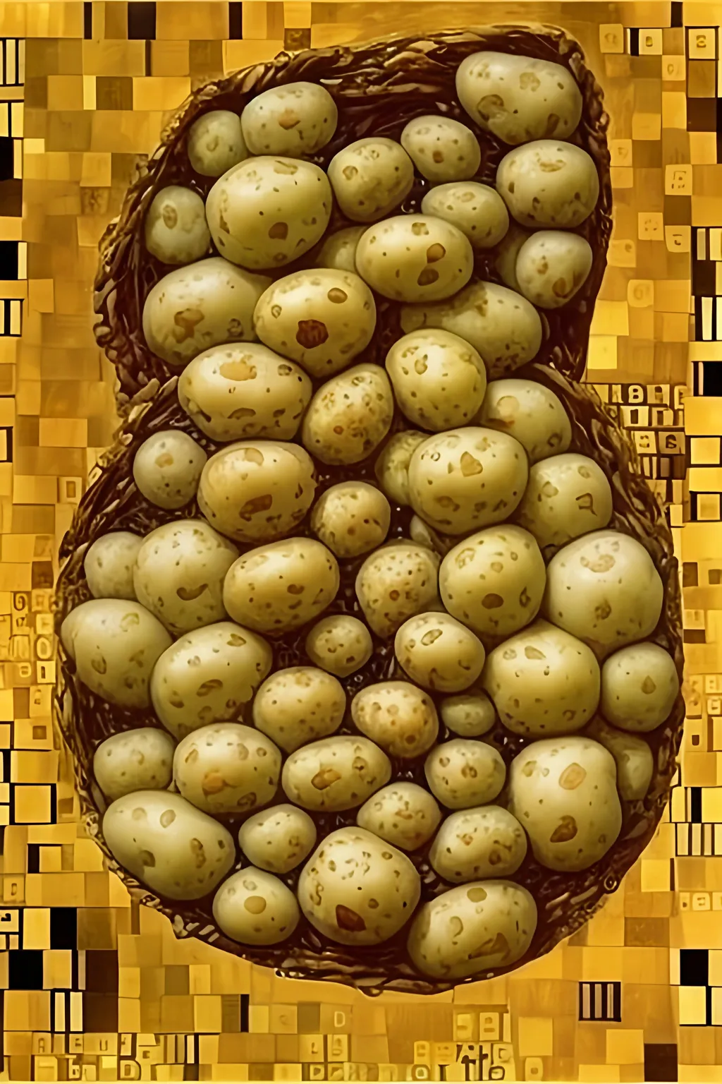 Prompt: Still life of human potatoes in the style of Gustav Klimt, 1906