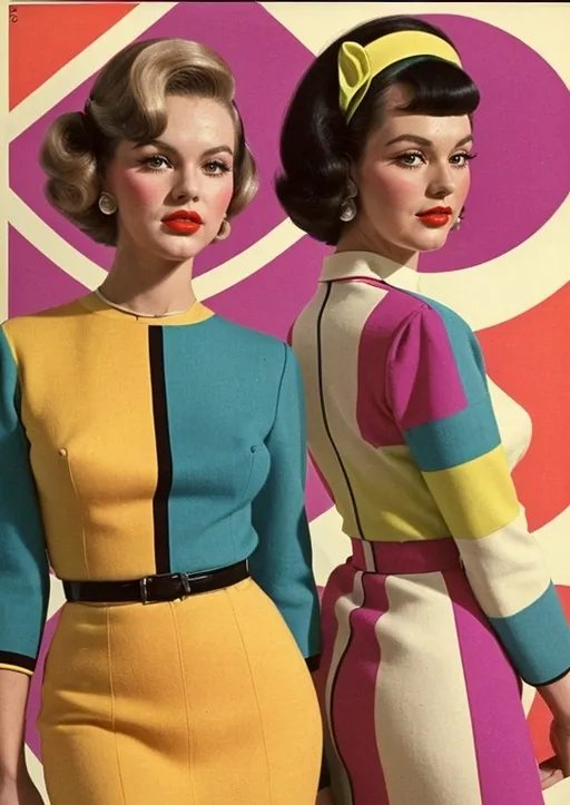 Prompt: Mod top, 1968, bright patterns, midcentury, fashionable for old-school lesbians 