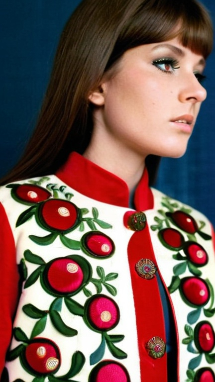 Prompt: Fancy fashionable 1968 mod jacket decorated with embroidered pomegranates