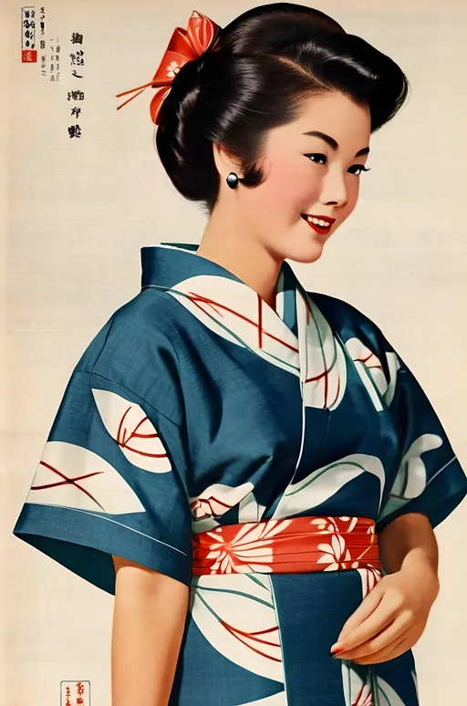 Prompt: 1958 mid century print yukata 