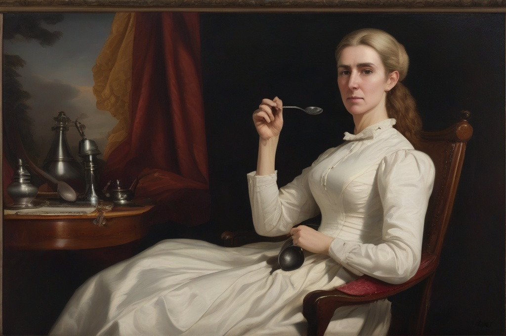 Prompt: Heroic portrait of the inventor of the teaspoon, Lady Lauren Luftbridge, oil on canvas, 1860