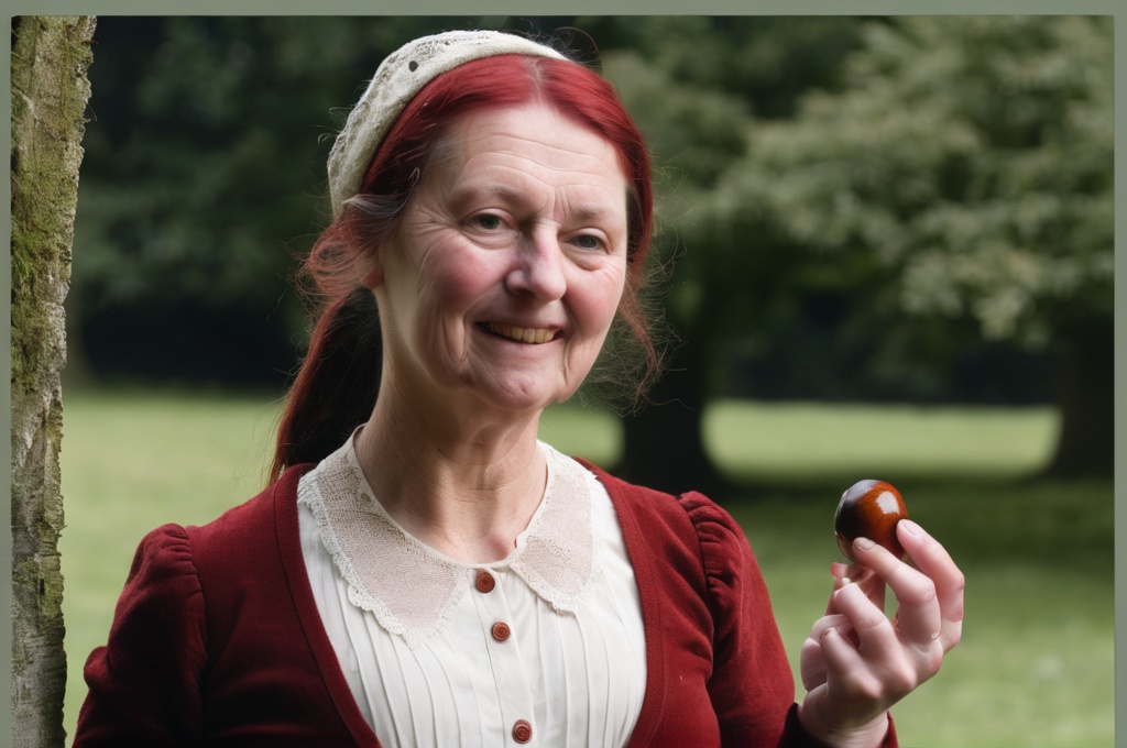 Prompt: English woman holding a conker in Dillestone, Kent