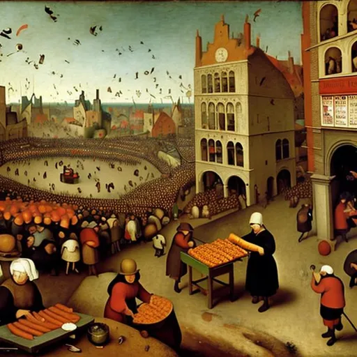 Prompt: The Hot Dog Vendor by Pieter Brueghel the Younger 