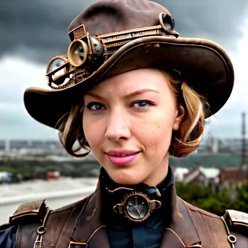 Prompt: Perdita Weeks steampunk ducts on a stormy day 