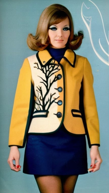 Prompt: Fancy fashionable 1968 mod jacket decorated with streusel, tree branches, and submarines