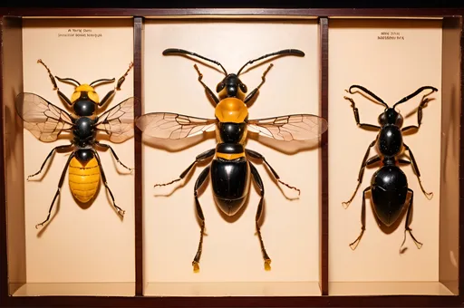 Prompt: American Museum of Natural History Hall of Insects diorama with an Anglican gigolo ant, pelvis wasps, and a small corn bee