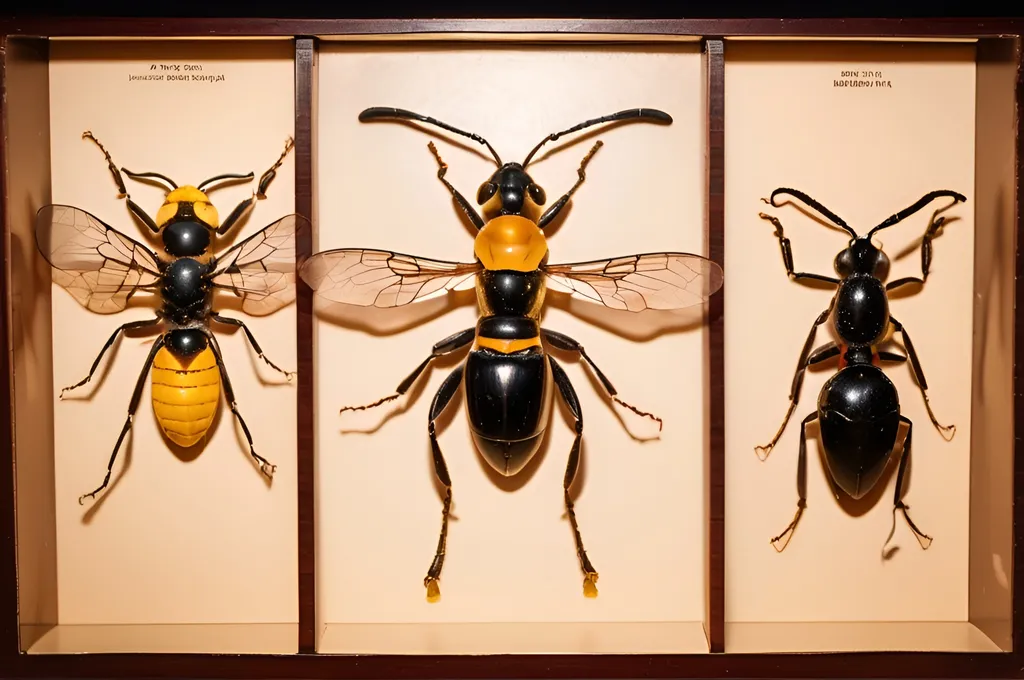 Prompt: American Museum of Natural History Hall of Insects diorama with an Anglican gigolo ant, pelvis wasps, and a small corn bee