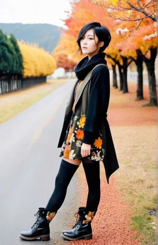 Prompt: Woman’s fashion photograph: Aomori aesthetic, autumn fashion, earth tones, matte black, floral accents, asymmetrical hair, boots, bright knee socks, full body