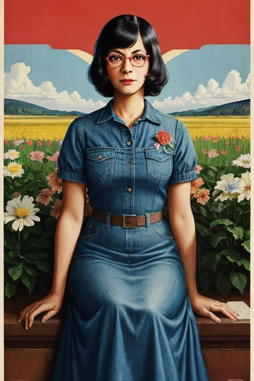 Prompt: Poster art of Tina Belcher in a flower dress, 1968 in an American WPA poster, serious, important, dire, inspirational, propaganda, formal, butch lesbian, denim, cottagecore,  technicolor, modest, realism, Norman Rockwell 