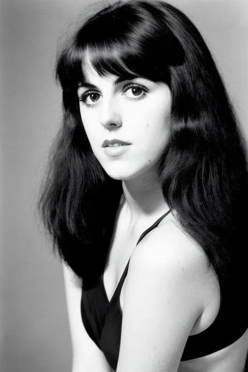 Prompt: A black and white photograph of Grace Slick. Closeup. Face. Straight black hair. 