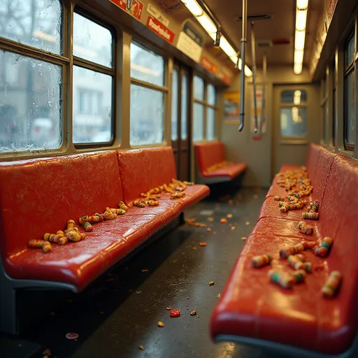 Prompt: London tube car filled with exotic Soviet-era gum