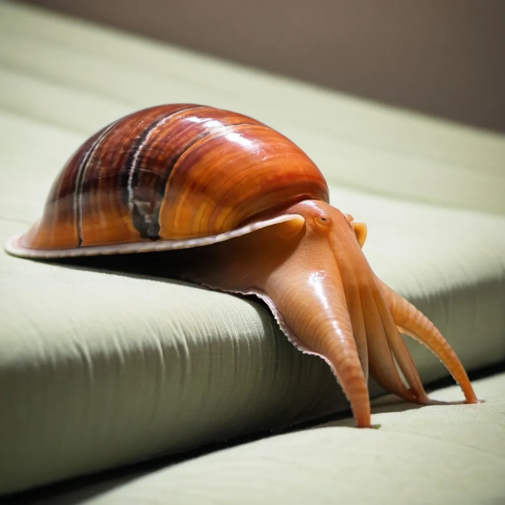 Prompt: Phylum mollusca relaxing on a daybed. 