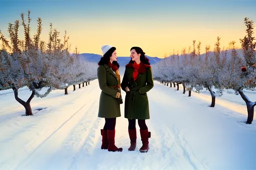 Prompt: Holiday Card, apple orchard, winter, bare, 1940, cold, struggling, long black hair, boots, lesbians, women, detailed, in love, HAPPY HOLIDAYS, apple trees, black cat 