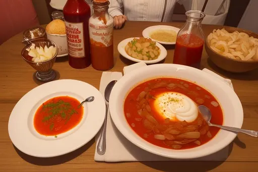 Prompt: A traditional Auswegian dinner of Gorm soup, a plate of red pilks in sauce, sides of tomatoes, sliced onions, bools. Cruets of sunflower oil and vinegar. A glass of Illini jarwine.  