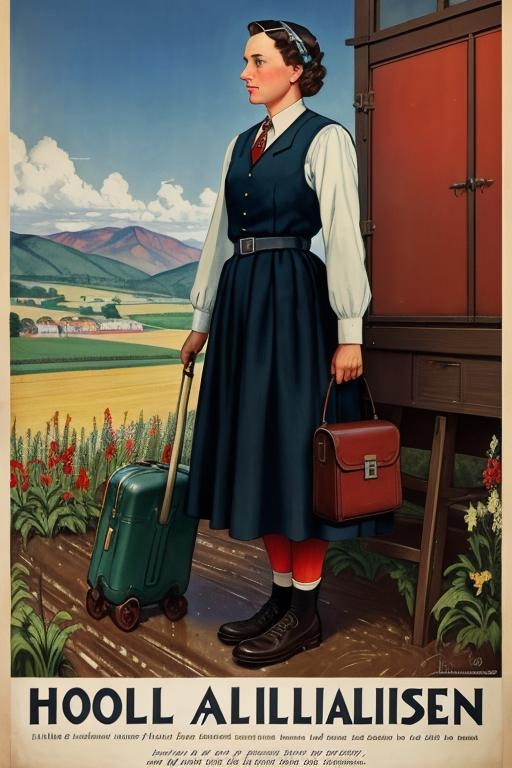 Prompt: Depression-era travel poster advertising a holiday in Allendale, Michigan, 1938, serious, important, dire, inspirational, patriotic, propaganda, formal, technicolor, modest, pretty, realism, Norman Rockwell, farmers, flat, very flat, xenophobia, drunkenness, boredom, Dutch, severe, fields, nothing to do, mud, flat 