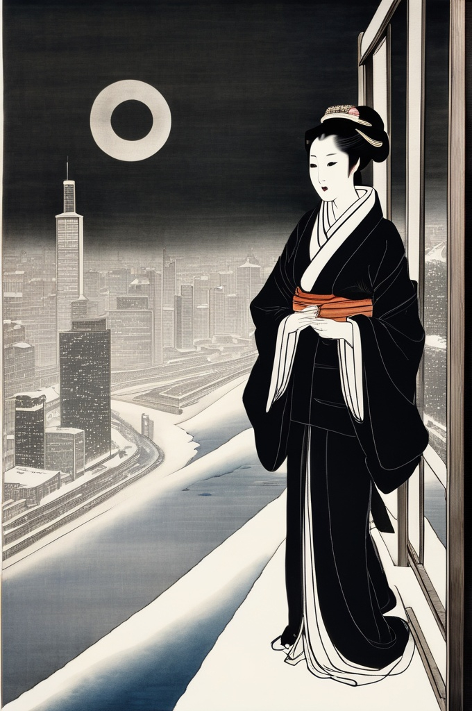 Prompt: Kakemono telling the tale of Yuki-onna’s appearance in Chicago; where she tried deep dish pizza, but stained her kimono, and cursed the city with a never ending wind of mediocrity. Ink on silk, 1636