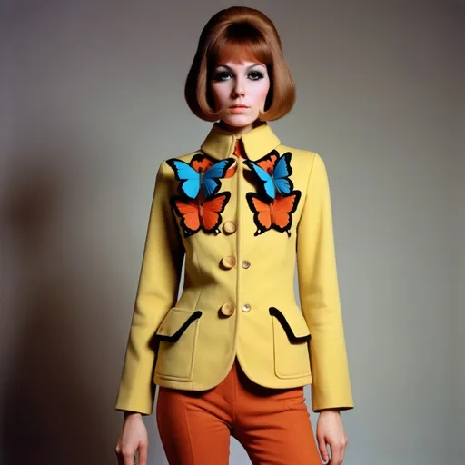 Prompt: Fancy fashionable 1968 mod jacket with vulvas, labia, and butterflies 