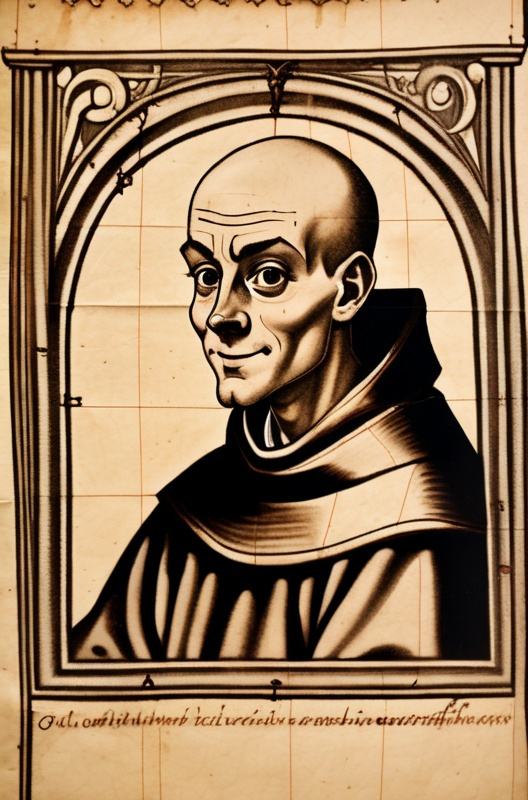 Prompt: Heroic portrait of the inventor of fellatio, young Friar “Smiling” Thomas Bleachbreath, ink on parchment, 1300