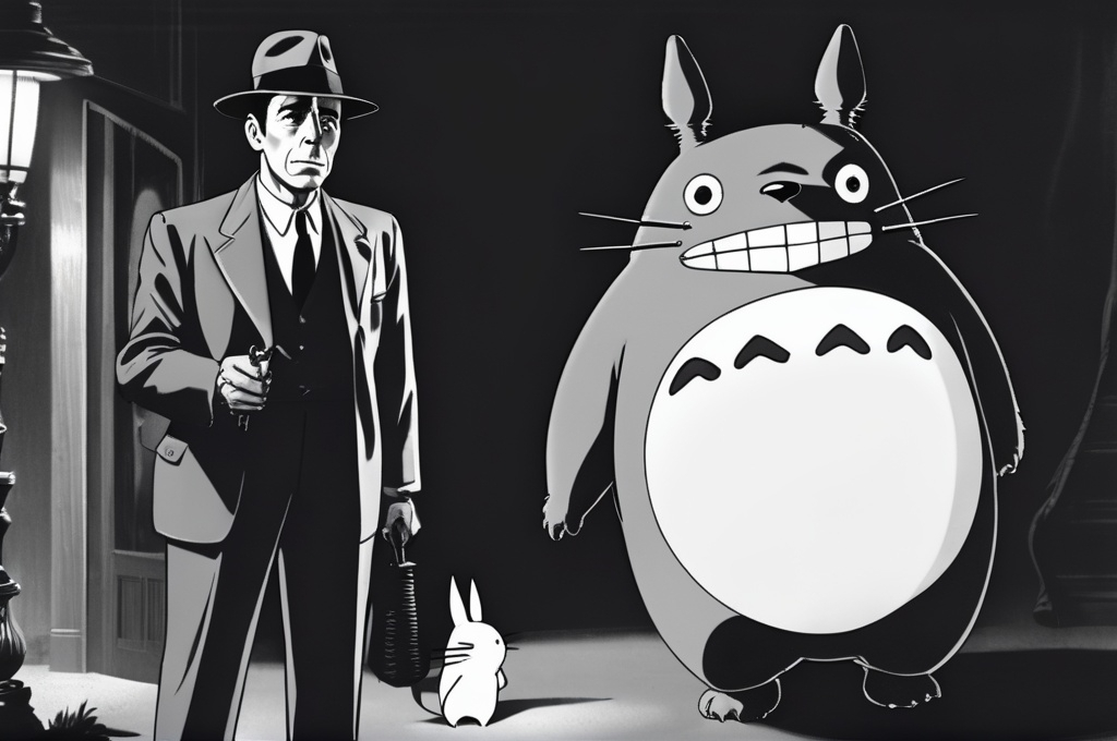 Prompt: 1940s noir with Humphrey Bogart and Totoro as seedy private eyes 